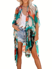 Floral Print Kimono Sleeve Cover Up Loose Open Front Cardigan Beachwear