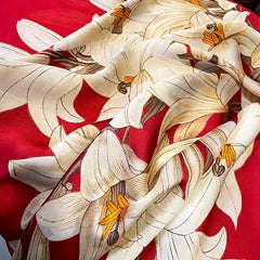 Magnolia Print Red Satin Scarf Silk Shawl Large Sunscreen Head Wraps