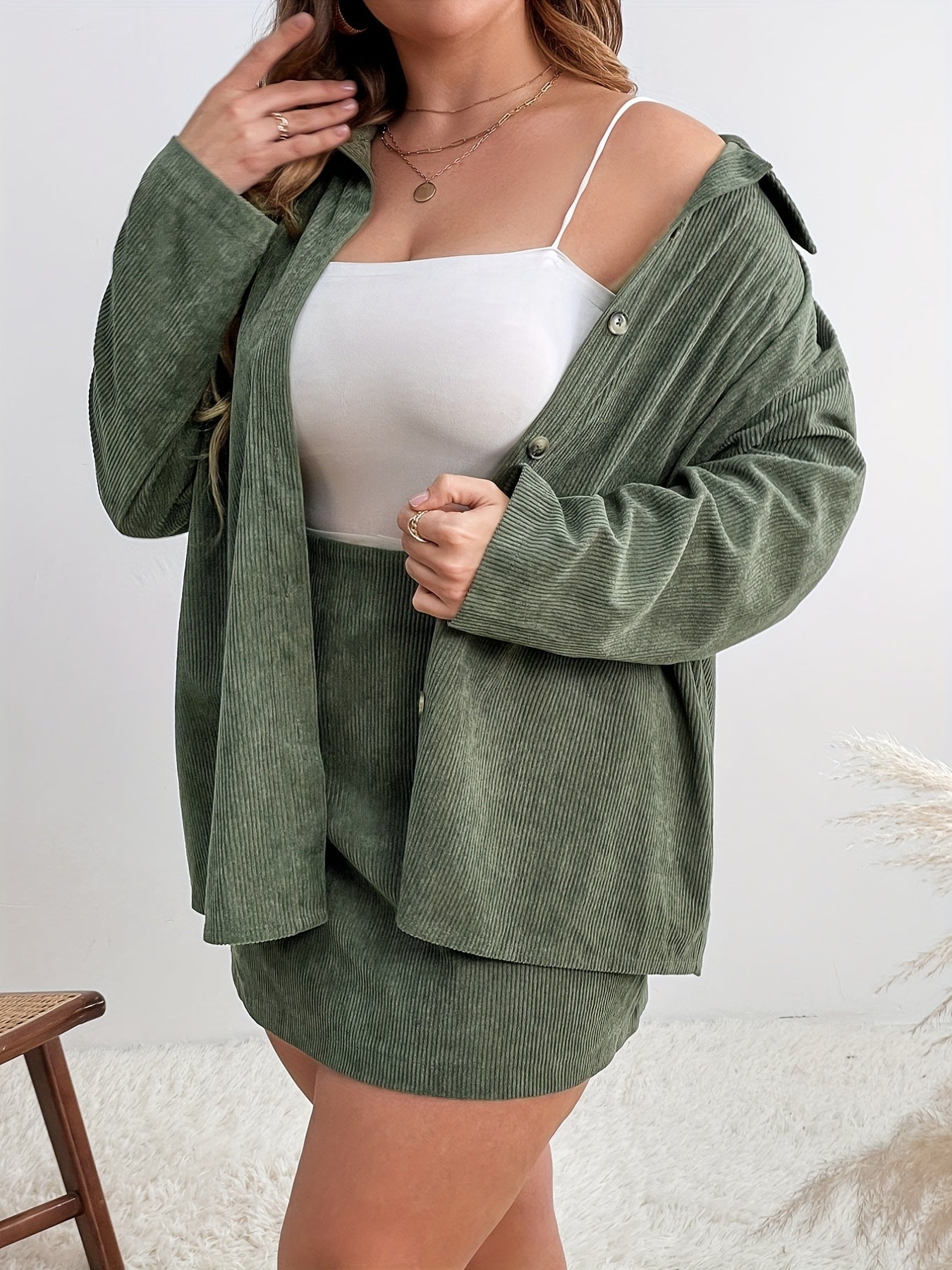 Solid Corduroy Top & Mini Skirt Two Piece Set