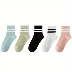 5 Pairs Striped Crew Socks Comfy & Breathable All Match Women's Stockings