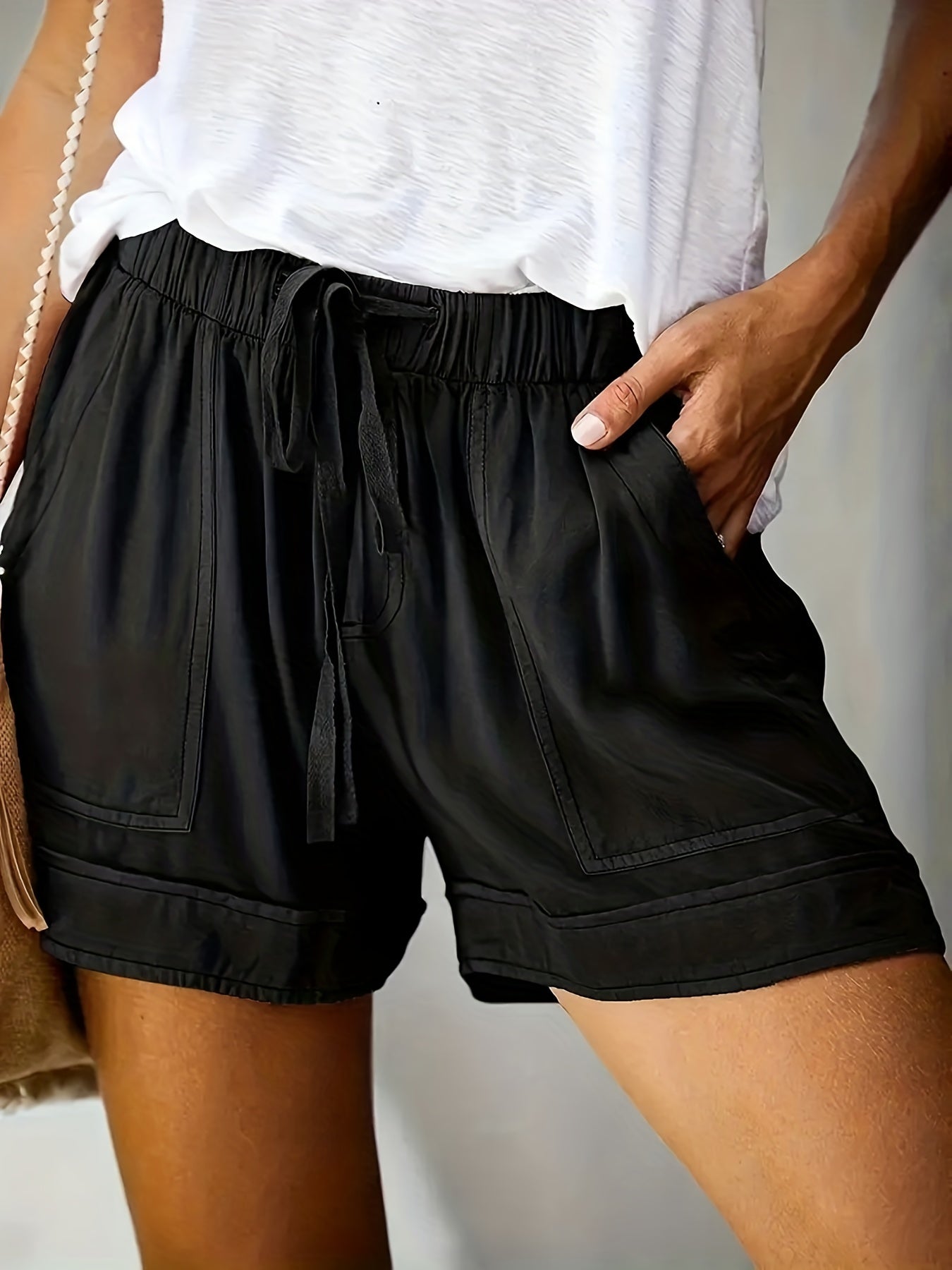 Solid Drawstring Shorts With Pockets Casual Women's Shorts