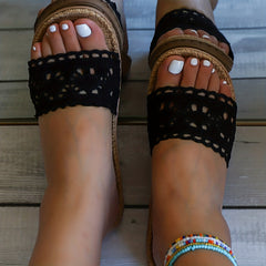 Women's Knit Flat Slides Slip On Open Toe Non slip Home Soft Linen Sole Slides
