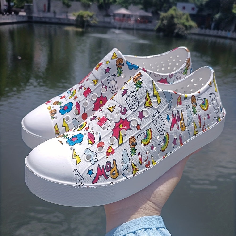 Women's Graffiti Hollow Out Slip On Low Round Toe Beach Shoes