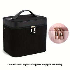 Corduroy Makeup Organizer With Foldable Tray & Handle