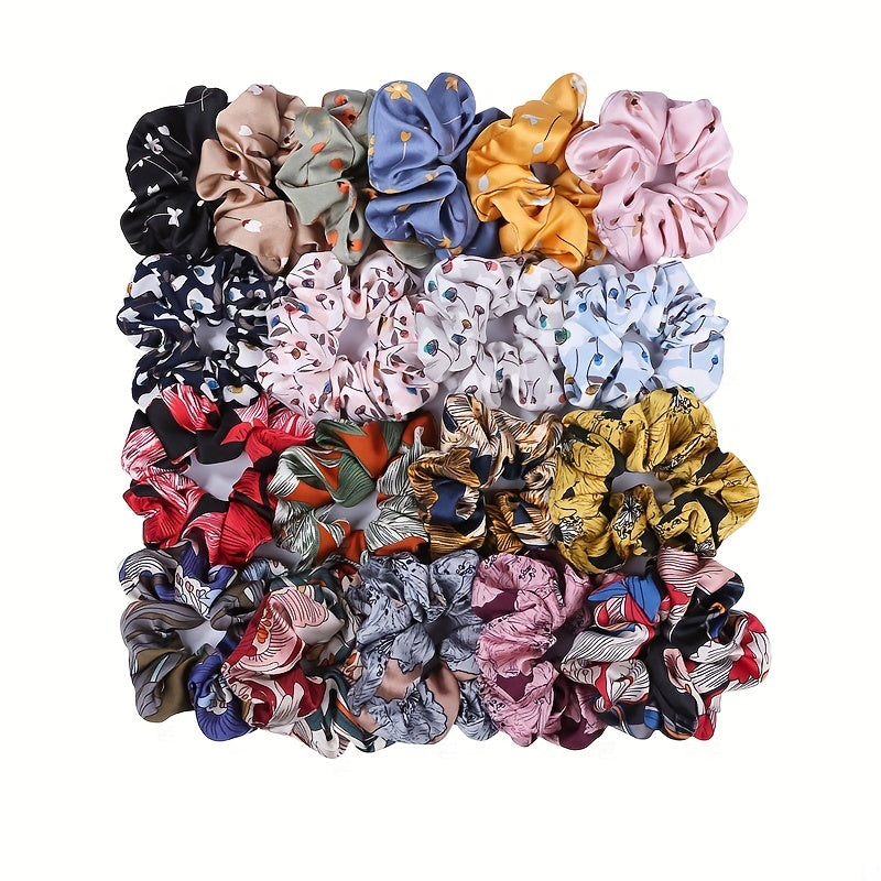 12pcs Boho Style Satin Scrunchies Hair Tie Floral Print Ponytail Holder