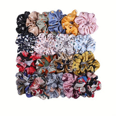 12pcs Boho Style Satin Scrunchies Hair Tie Floral Print Ponytail Holder
