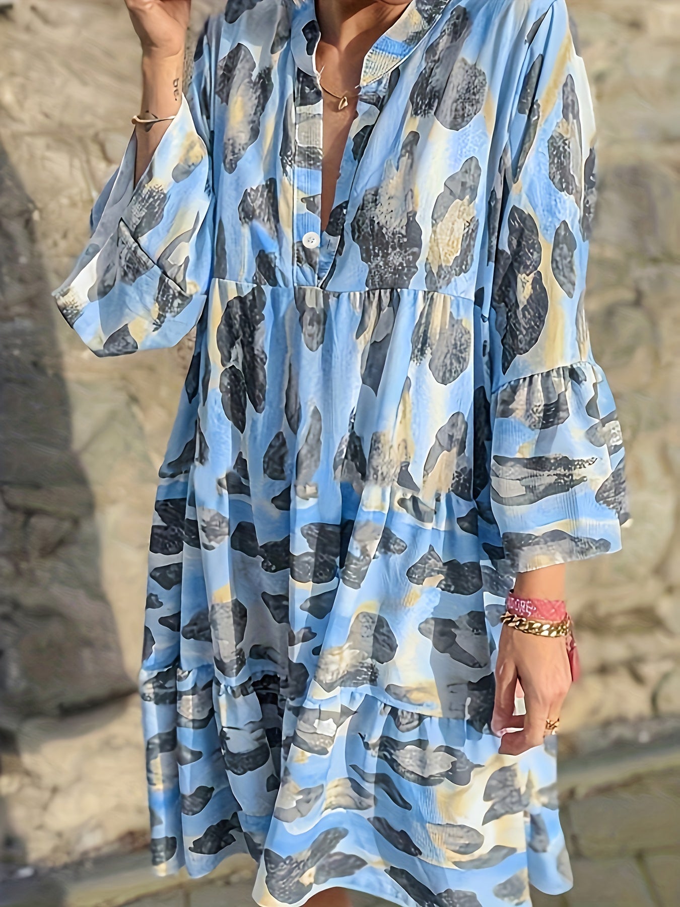 Plus Size Tie Dye Ruffle Trim Short Sleeve Dress