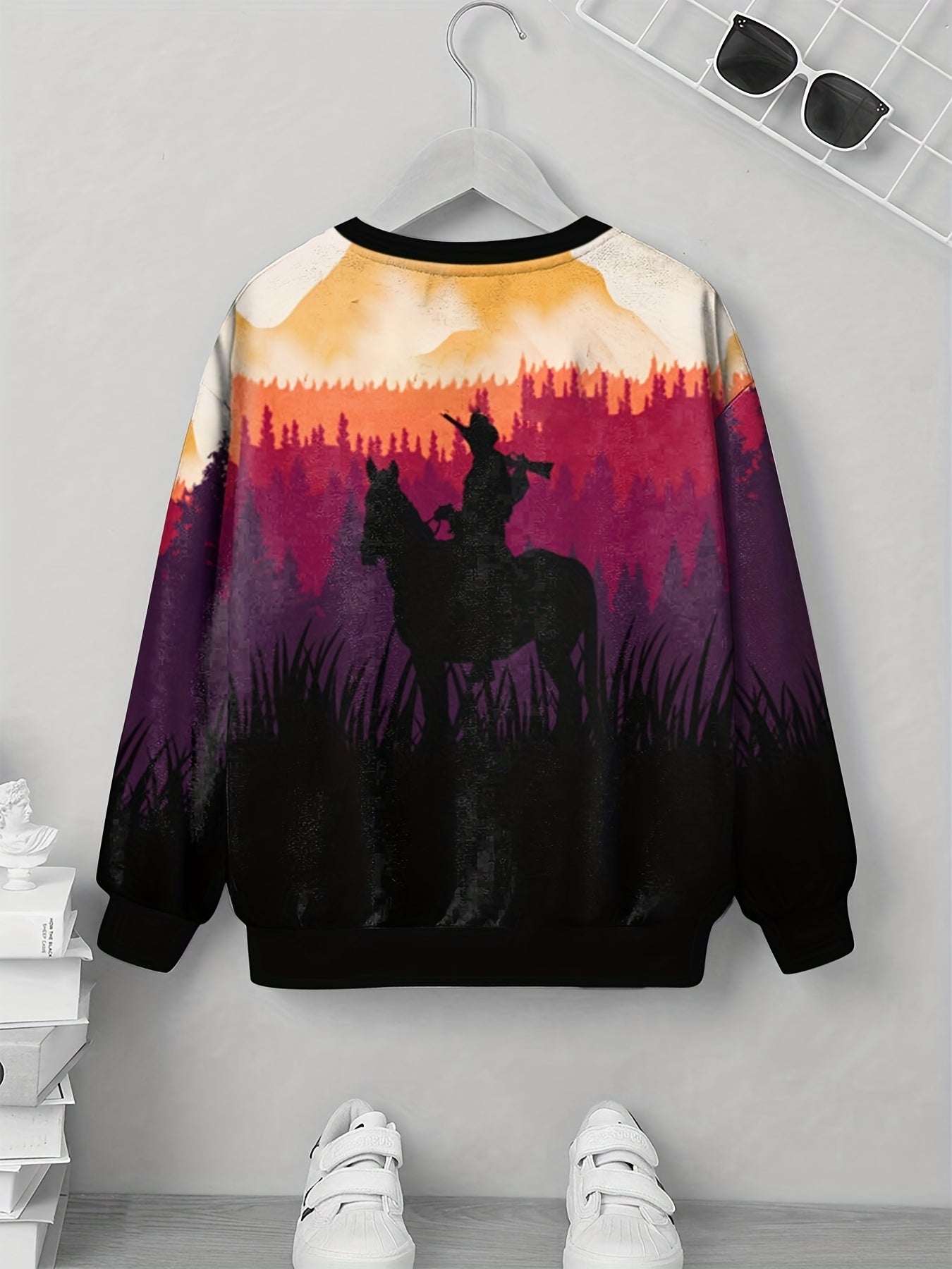Kids Stylish Horse Element Printed Sweatshirt Round Neck Long Sleeve Pullover