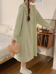 Plaid Print NightDress Ruffle Long Sleeve Crew Neck Pajama Dress