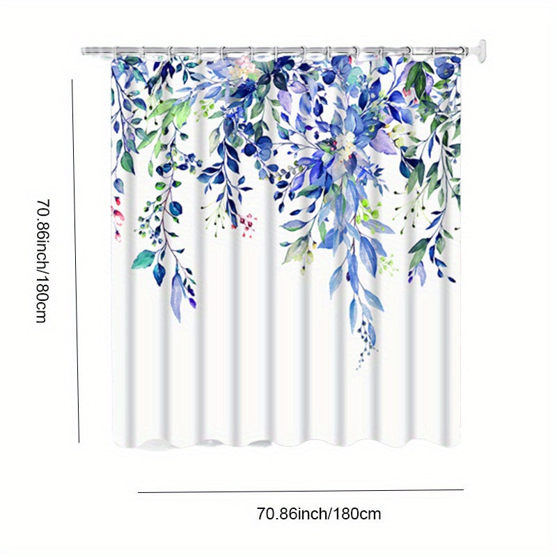 Green Plant Pattern Shower Curtain With Hooks Waterproof Bathroom Decor