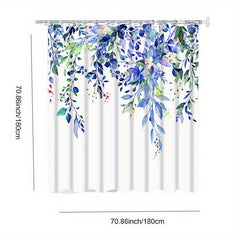 Green Plant Pattern Shower Curtain With Hooks Waterproof Bathroom Decor