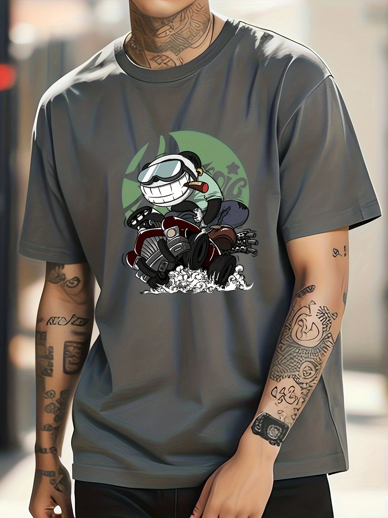 Cotton Anime Panda On Vintage Car Print Men's Graphic Crew Neck T shirt
