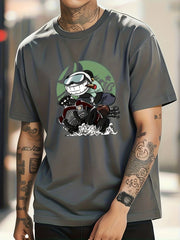 Cotton Anime Panda On Vintage Car Print Men's Graphic Crew Neck T shirt