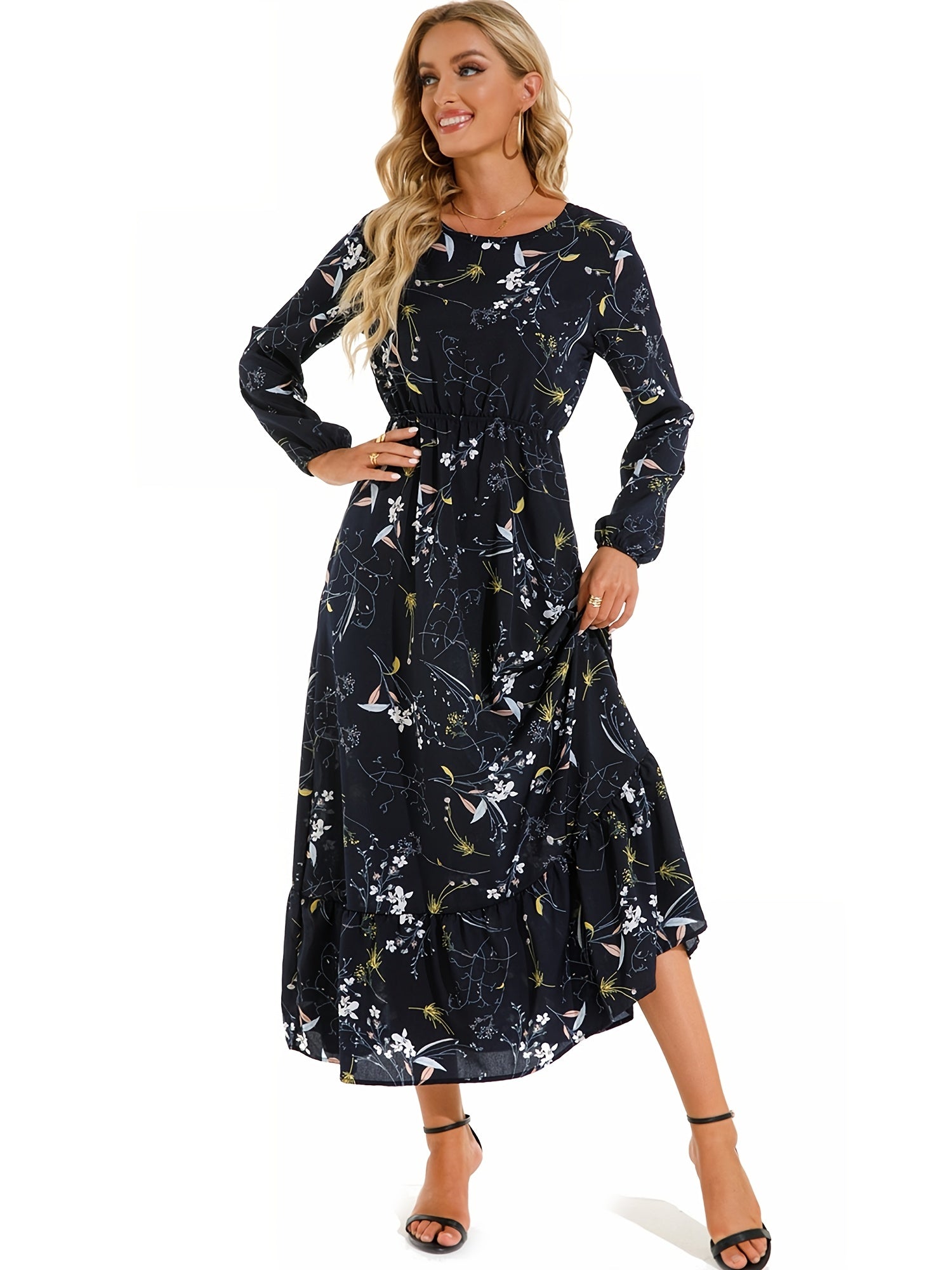 Floral Print Crew Neck Dress Long Sleeve Spring & Fall Women's Clothing