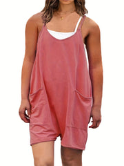 Solid V Neck Cami Romper With Pockets