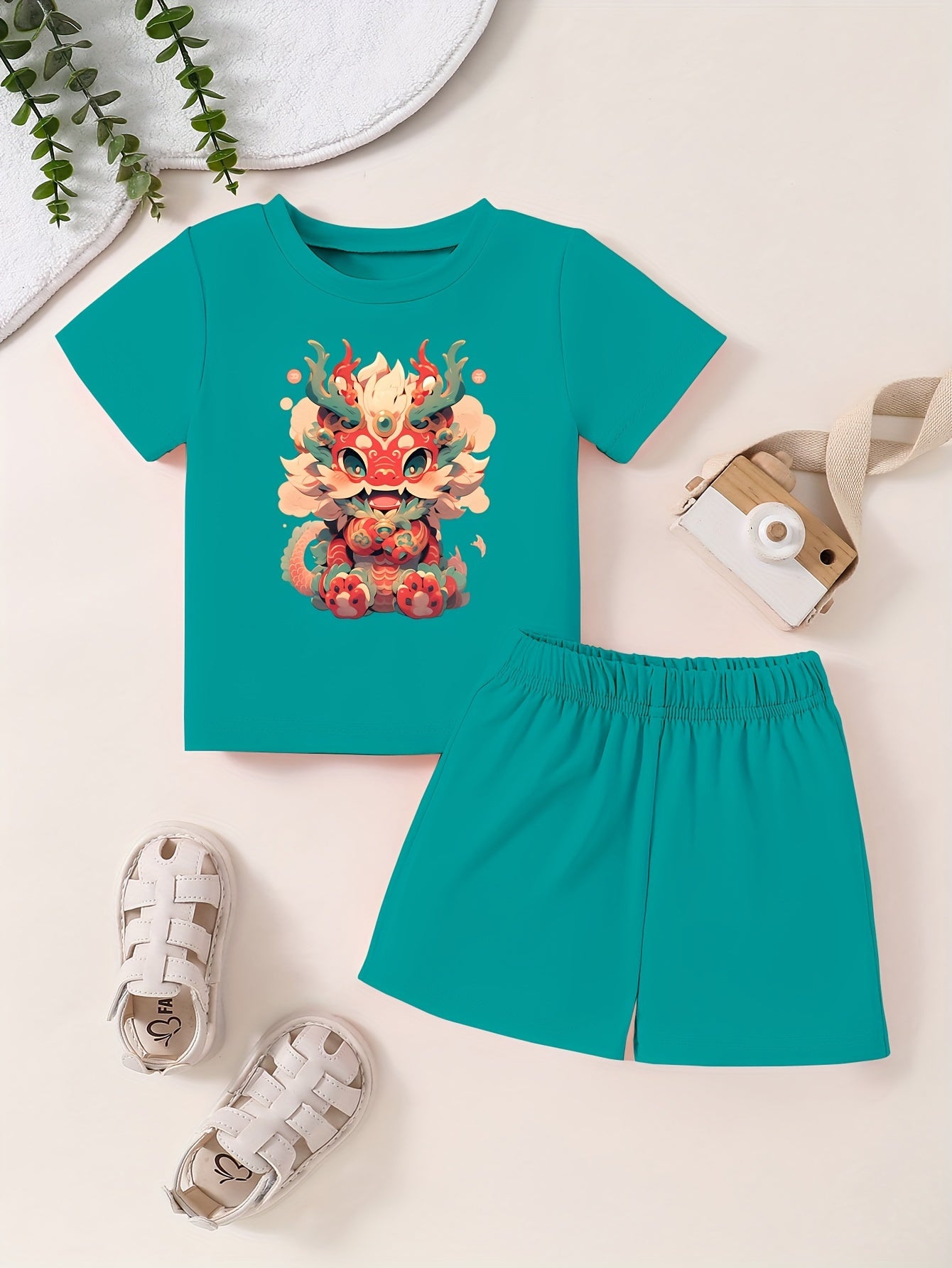 Toddler Kid Lucky Dragon Pattern T-shirt & Shorts Summer Set