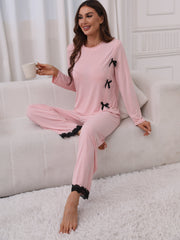 Solid Lounge Set with Lace Trim Top & Pants