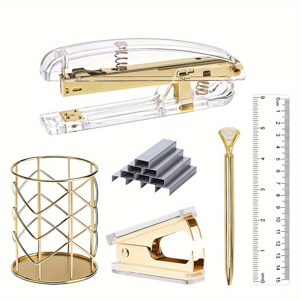 Golden Office Supplies Set - Stapler Pen Holder Pen Ruler