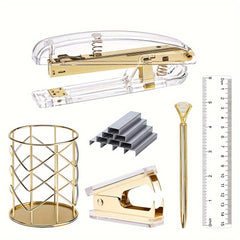 Golden Office Supplies Set - Stapler Pen Holder Pen Ruler