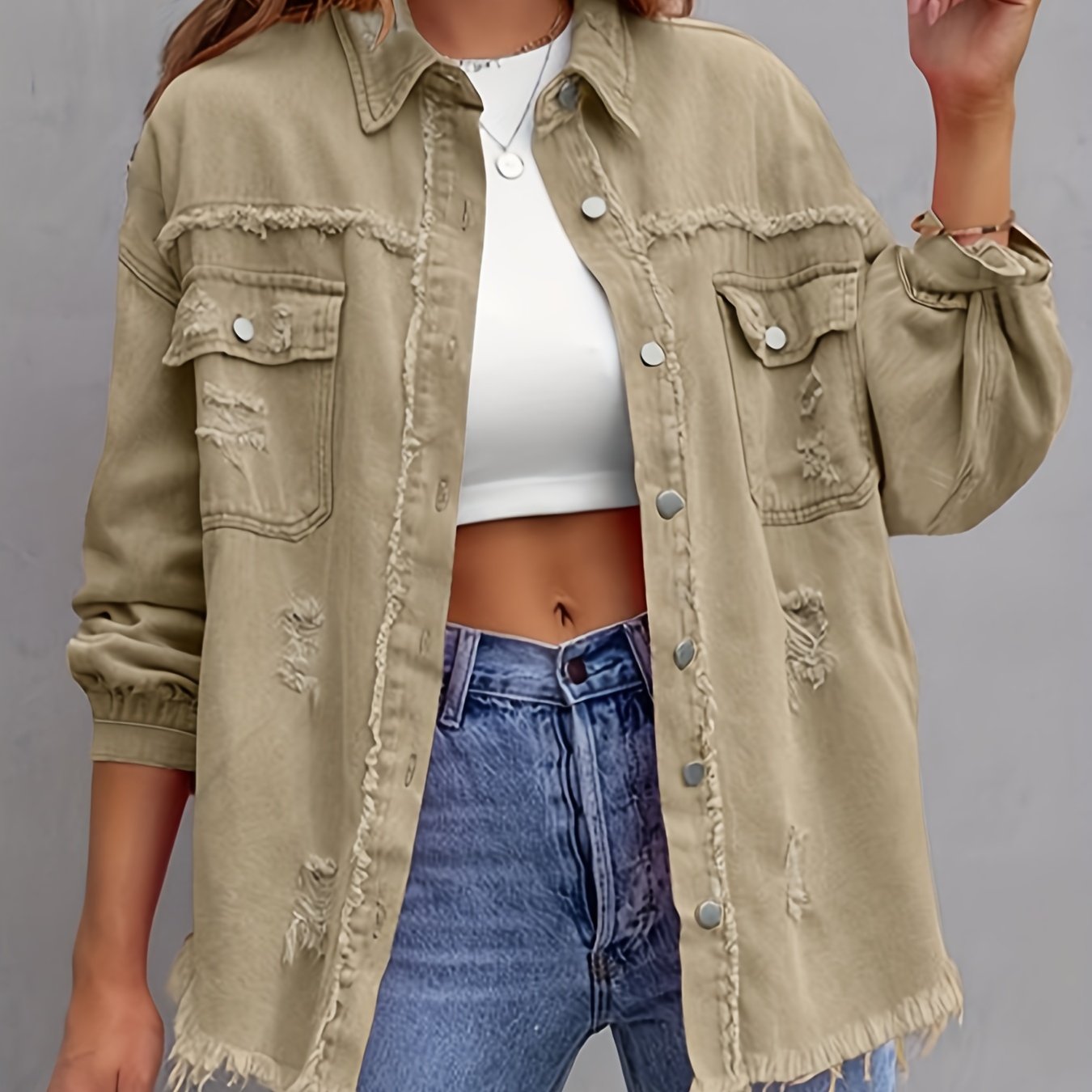 Solid Ripped Denim Jacket with Raw Trim
