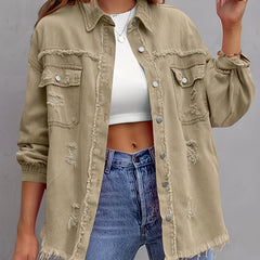 Solid Ripped Denim Jacket with Raw Trim
