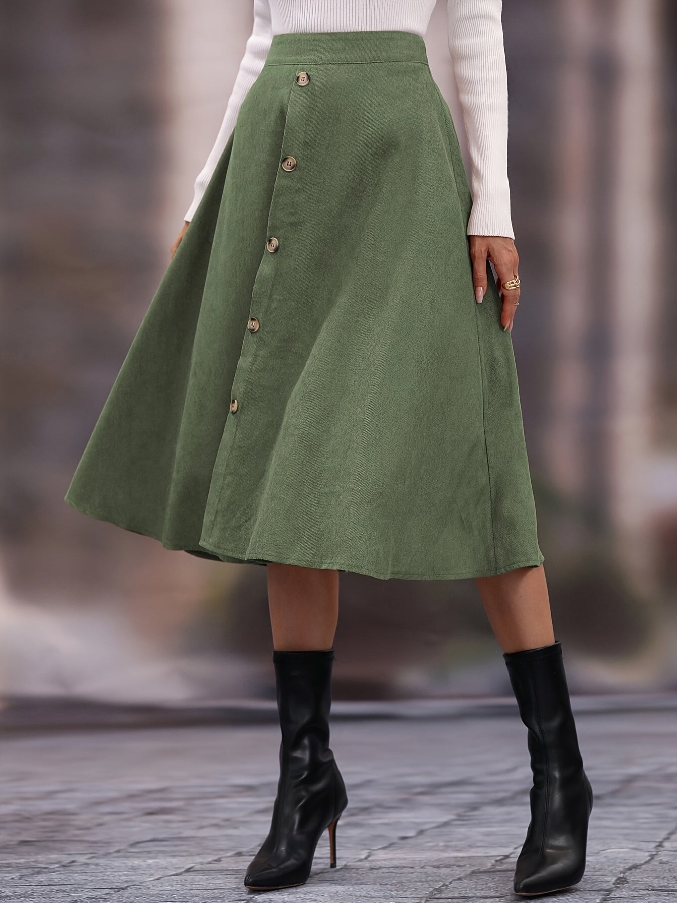 Faux Suede Long Skirt - High Waist Button Skirt