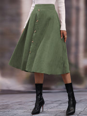 Faux Suede Long Skirt - High Waist Button Skirt