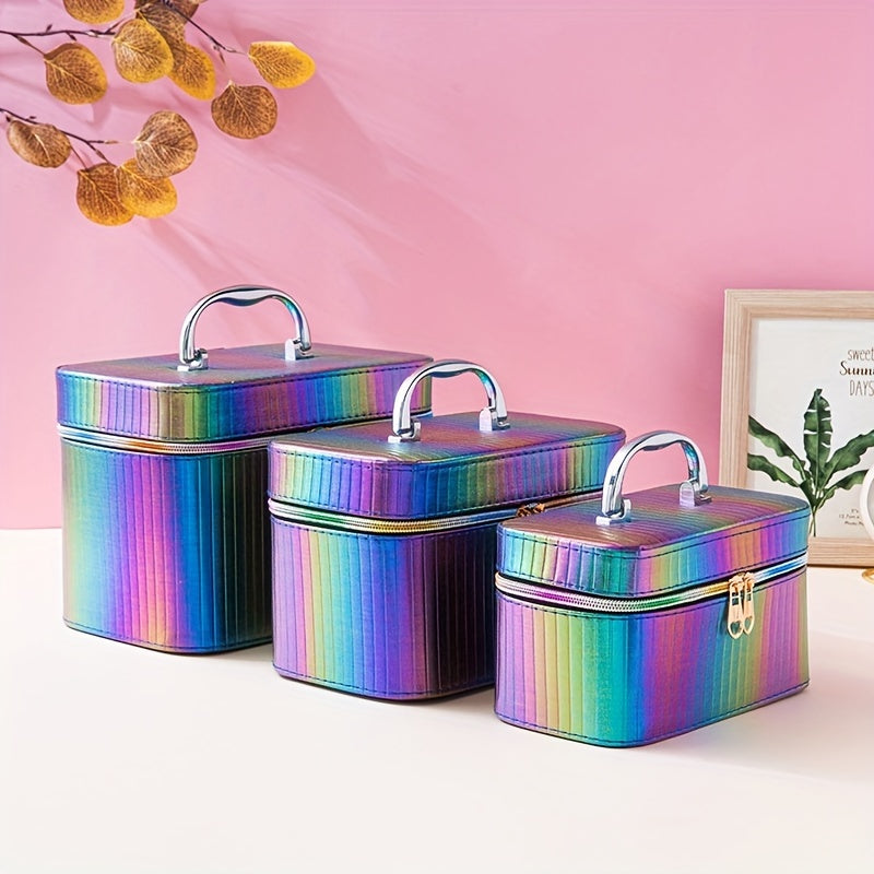 3pcs Striped Makeup Travel Case Cosmetic Organizer Bag With Handle & Mirror