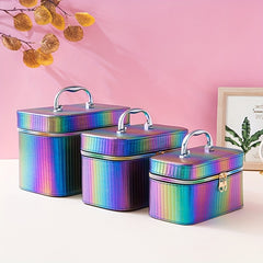 3pcs Striped Makeup Travel Case Cosmetic Organizer Bag With Handle & Mirror