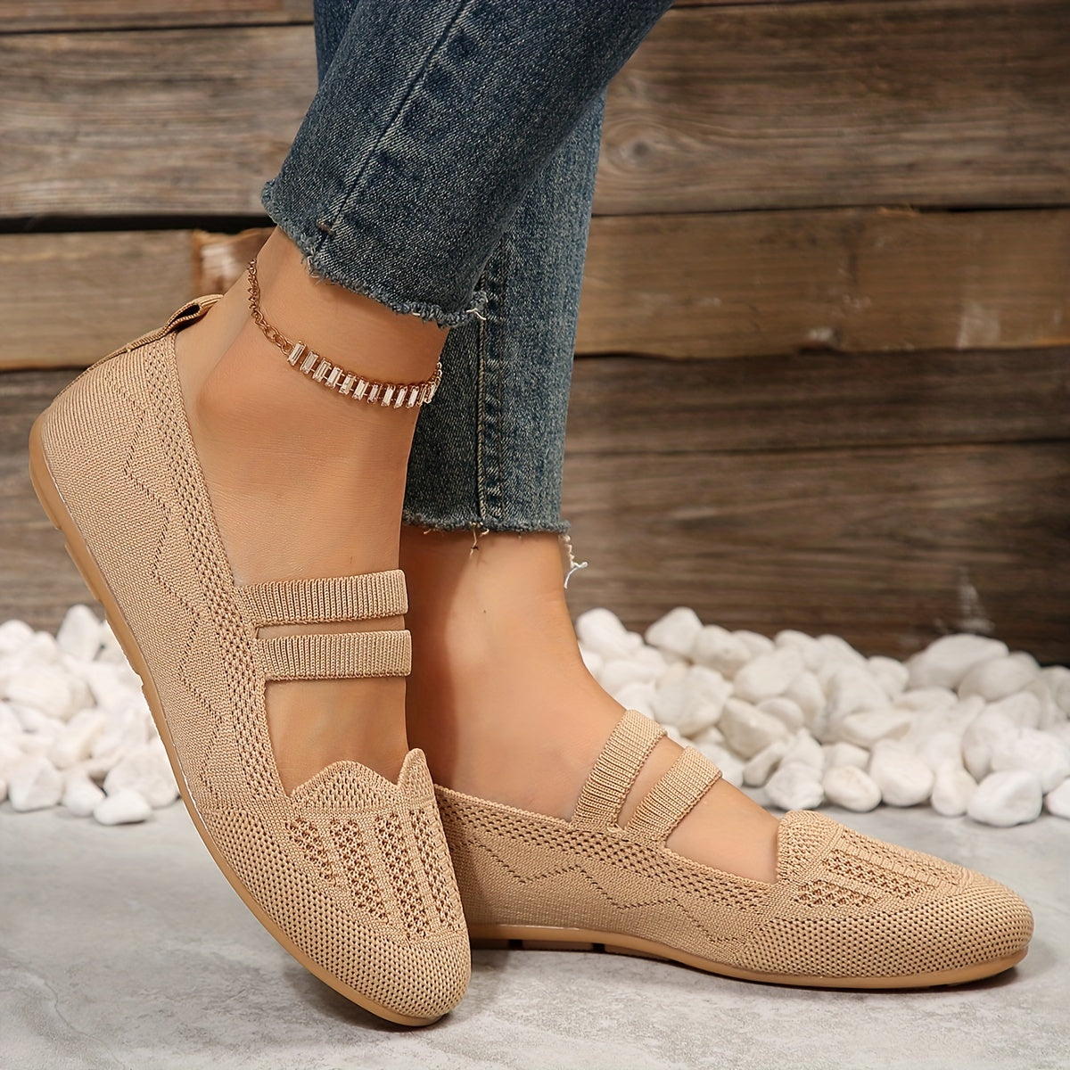 Women's Mary Janes Knitted Mesh Flat Shoes Lightweight Summer Shoes