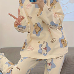 Bear Print Pajama Set Long Sleeve Crew Neck Top & Pants
