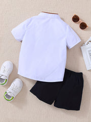 Boys Block Outfit Short Sleeves Stand Collar Shirt & Shorts Set