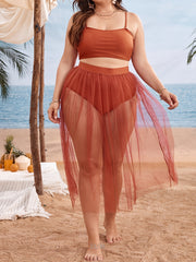 Solid Cami Top & Panties & Mesh Skirt Swimsuit Set Women's Plus