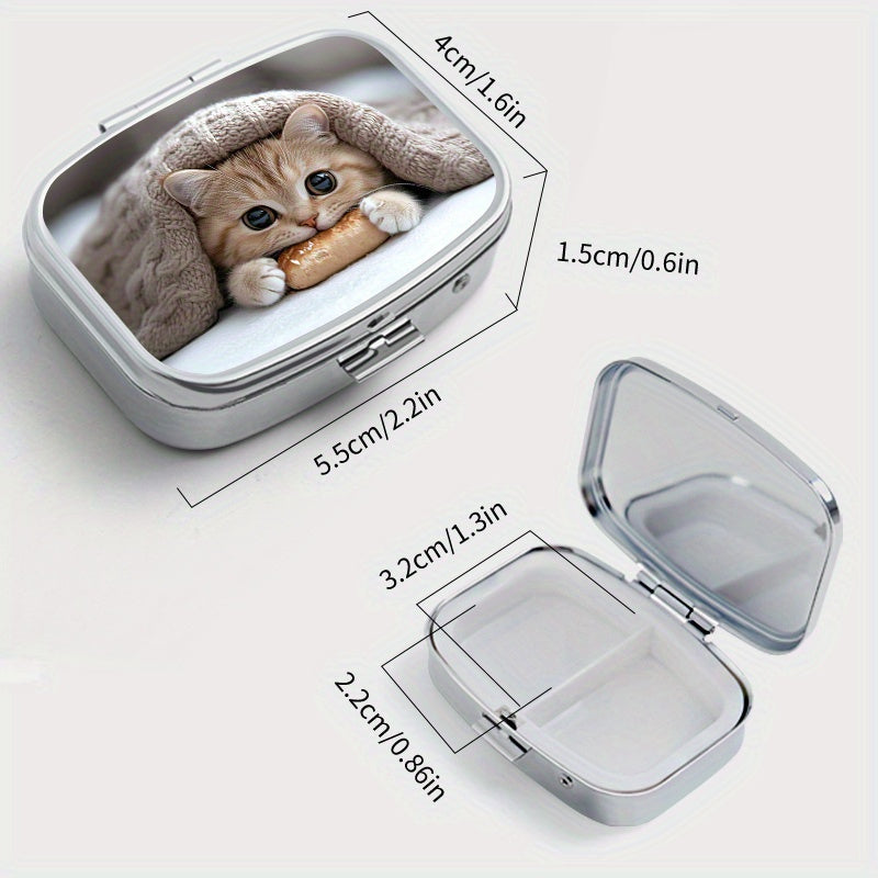 Bread Cat Print Pattern Square Medicine Box Two Compartment Pill Box
