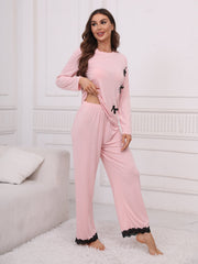 Solid Lounge Set with Lace Trim Top & Pants