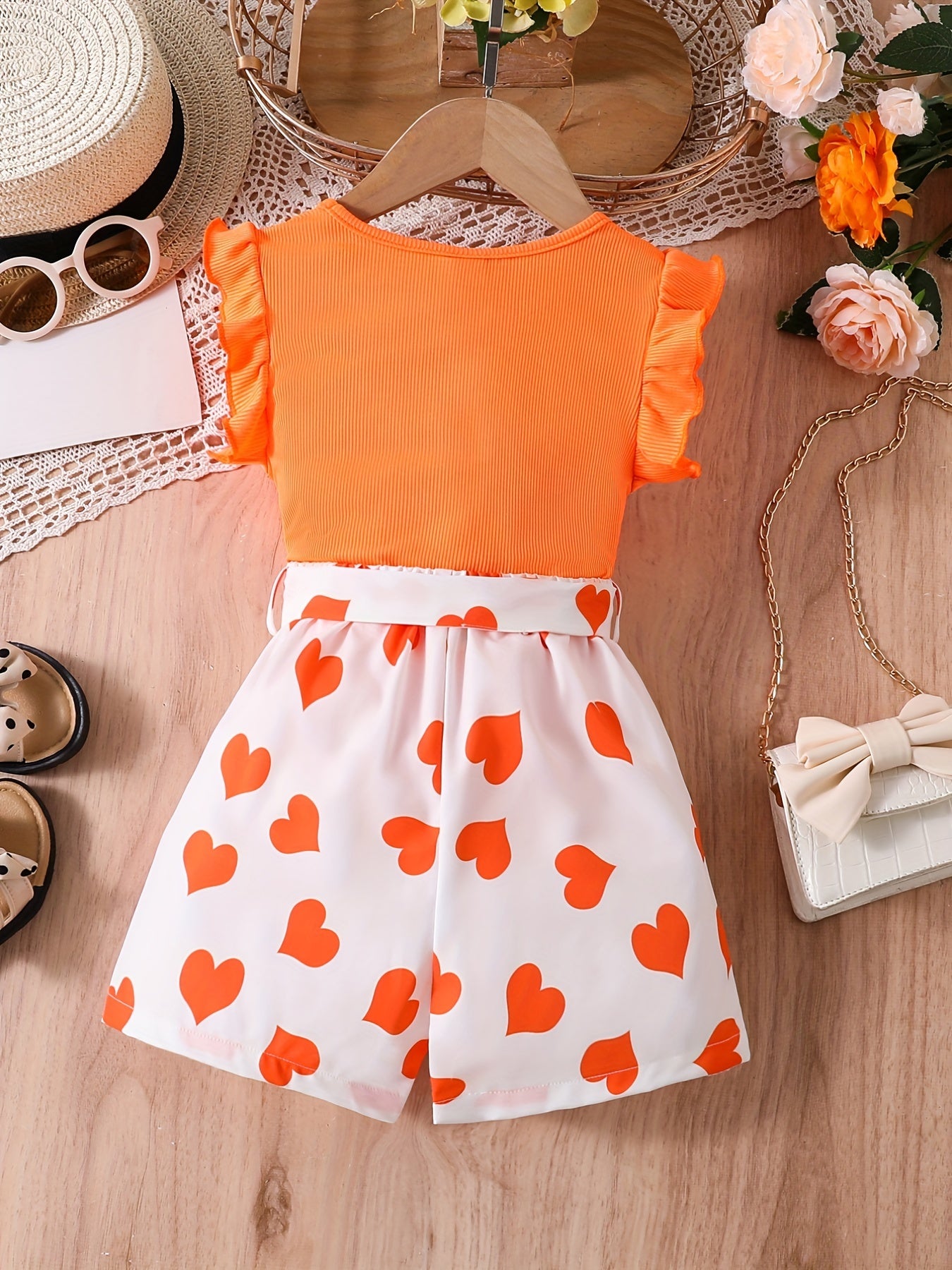 Girls Ruffle Trim Top & Heart Graphic Shorts Set