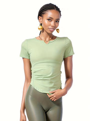 Solid V Notch Casual T Shirt Short Sleeves Quick Drying Sports Top Women's Activ