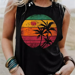 Sunset & Coconut Print Crew Neck Camisole Tank Top