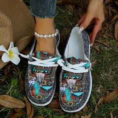 Women's Retro Bull & Floral Print Skate Shoes Lightweight Low Top