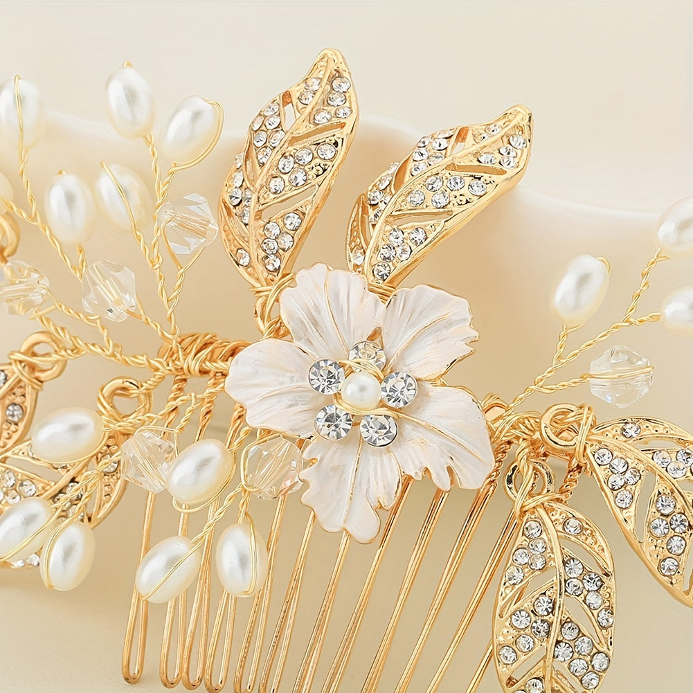 Flower & Leaf Charm Rhinestone Hair Comb Pearl Decor Wedding Headwear