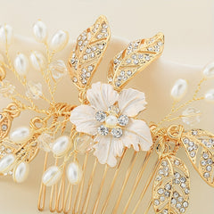 Flower & Leaf Charm Rhinestone Hair Comb Pearl Decor Wedding Headwear