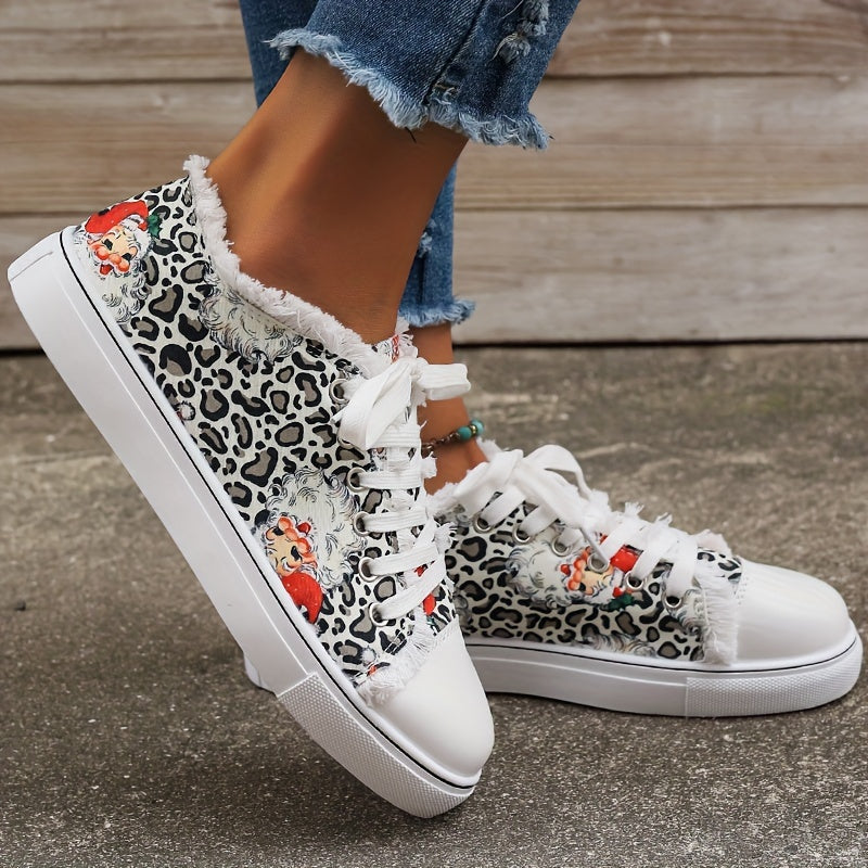 Christmas Cartoon & Leopard Pattern Skate Shoes Low Top Sneakers