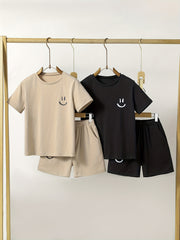 Boy's Happy Face Print T-shirt & Shorts Set for Summer