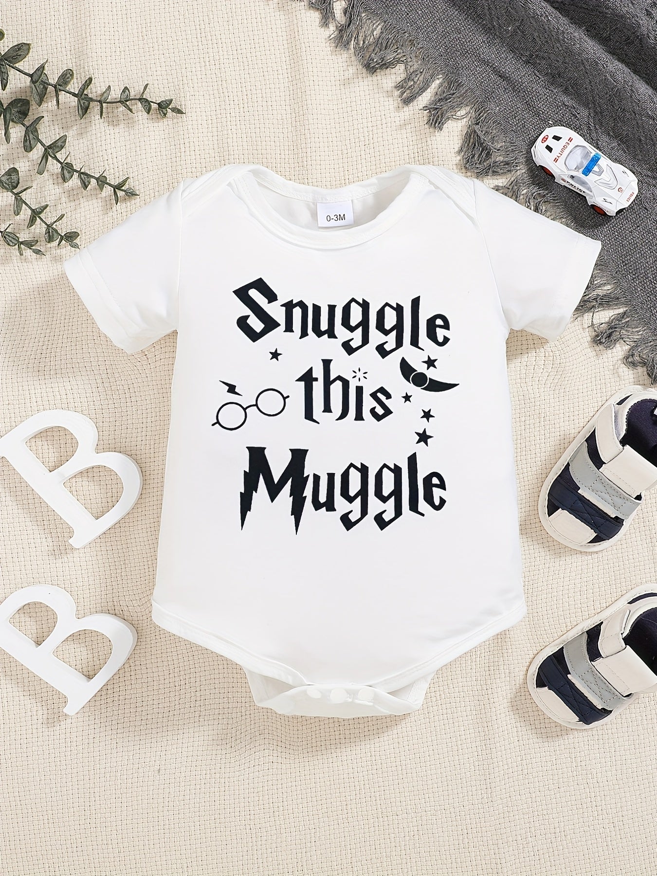 Baby's Striped Romper with Letter Graphics - Short Sleeve Onesie