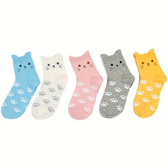 5 Pairs Cartoon Cat Print Socks Comfy Women's Stockings