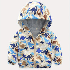 Boys Hooded Dino Zip Jacket Spring Summer Windproof Kids Clothes