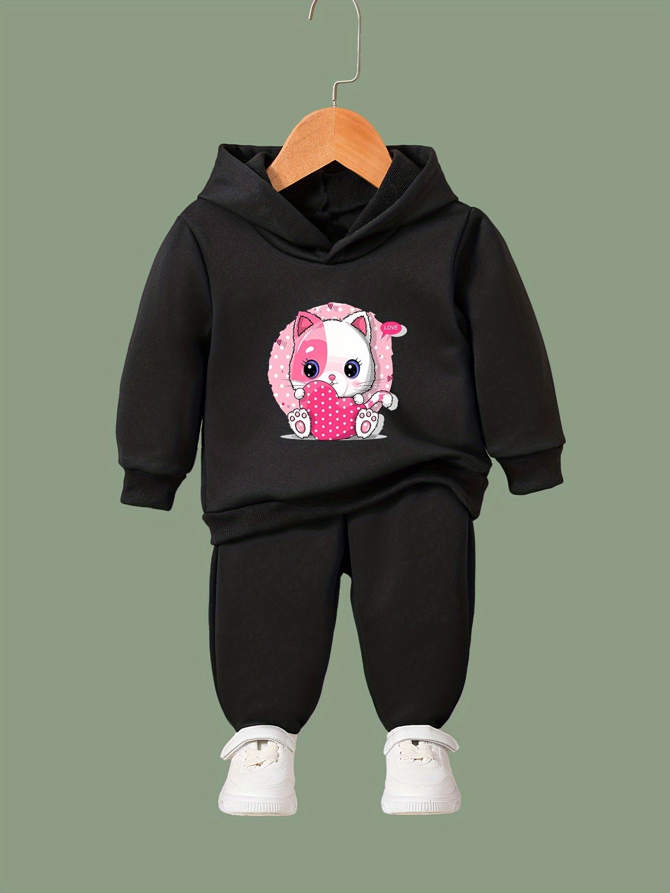 Kid's 2pcs Cat & Heart Print Long Sleeve Outfit Hoodie & Pants Set