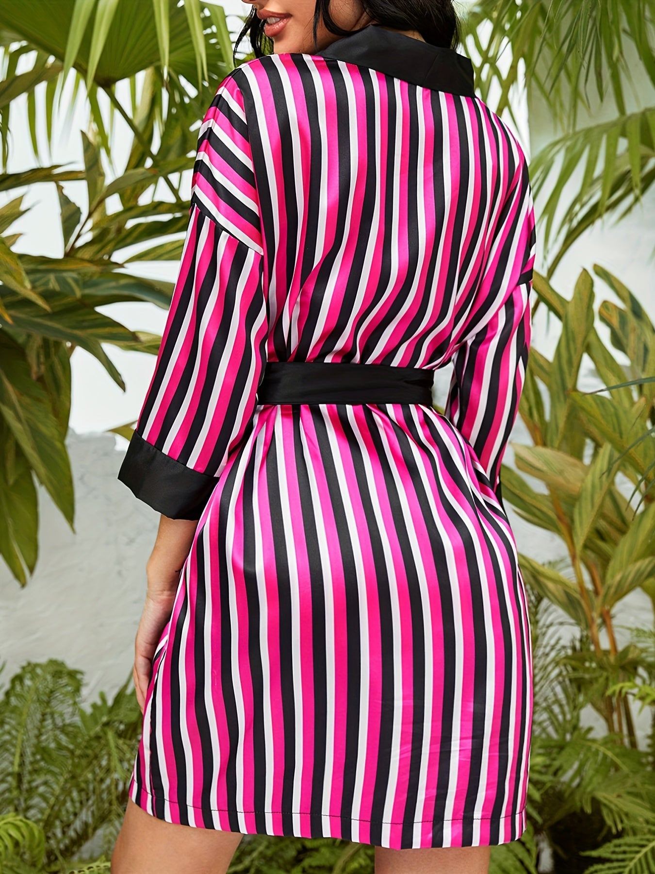 Colorblock Striped Night Robe Sexy Deep V Robe With Belt Women's