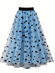 Layered Heart Mesh Elastic Waist A line Skirt