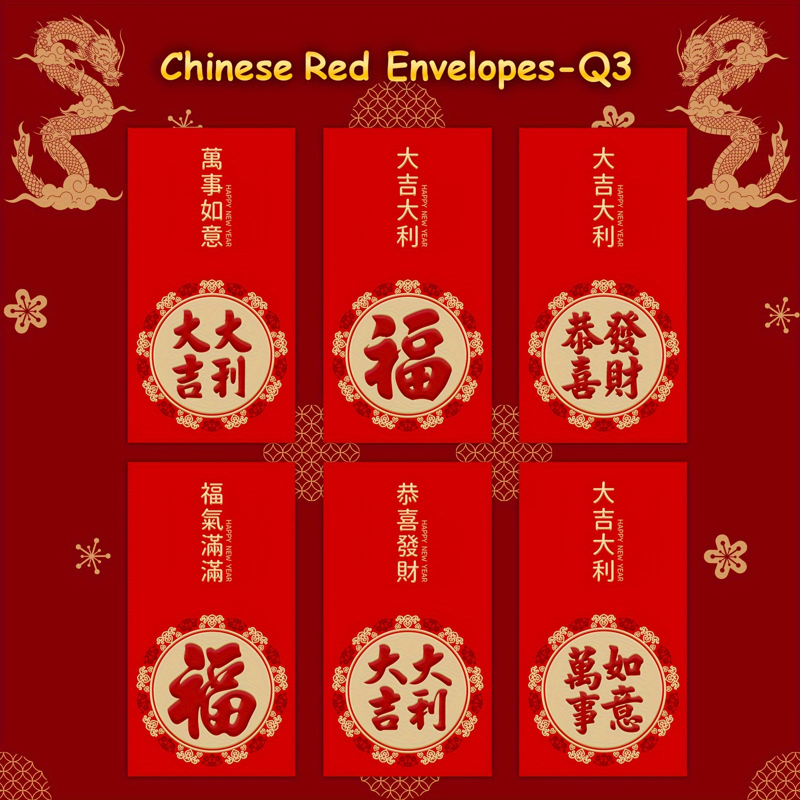 6pcs Red Envelopes 3D Embossing Year Packet Golden Lucky Money Pockets
